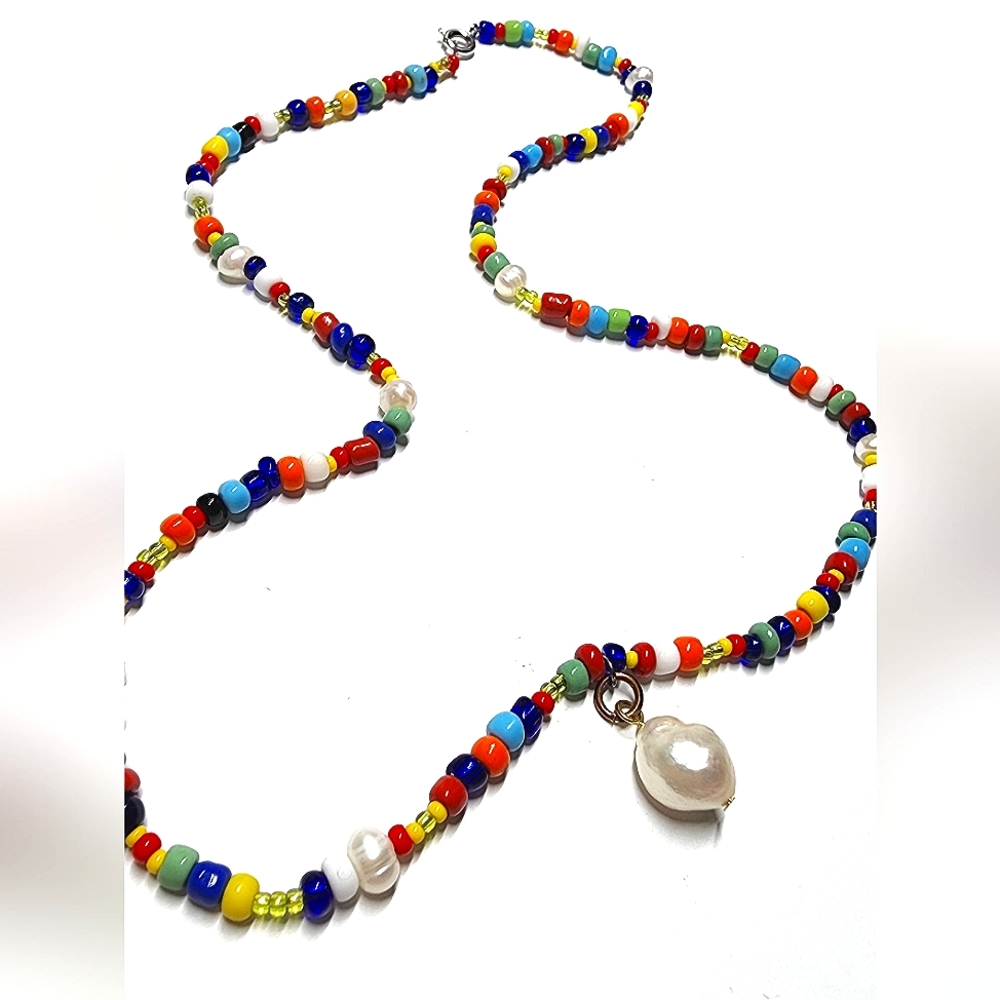 Y2K Multicolor Glass Bead+Pearl Necklace